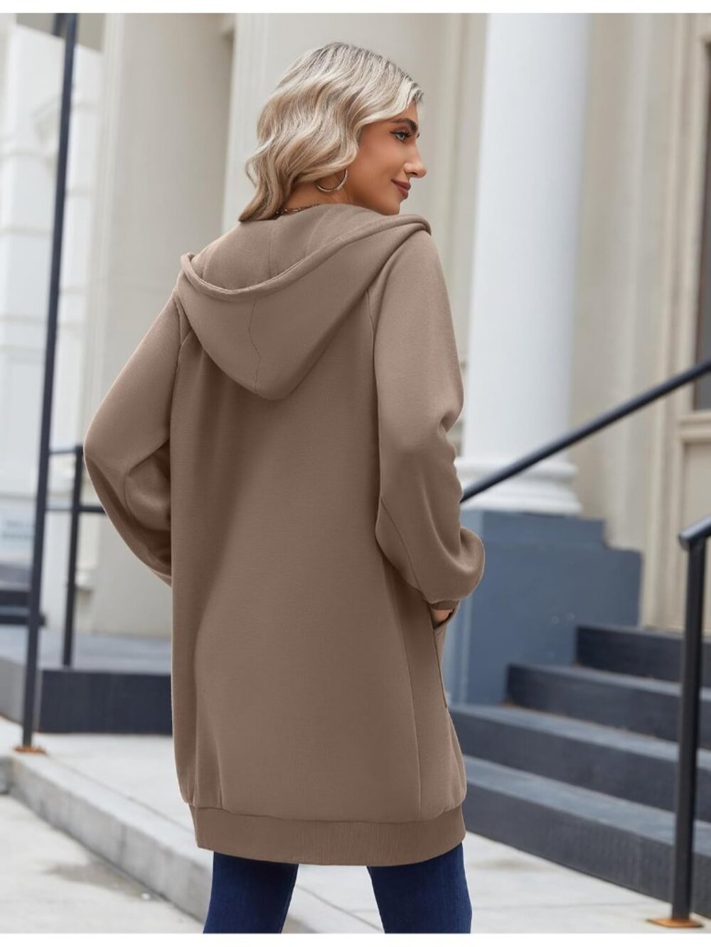 〽️Women's Coffee Grey Long Fleece Zip Up Tunic Hoodie Oversized Casual Jacket - Picture 6 of 6